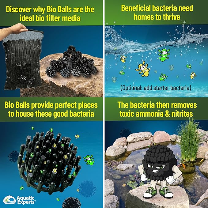 Aquatic Experts 1.5" Large Bio Balls for Ponds – Biological Filter Media for Waterfalls & Outdoor Pond Filters, Treats Up to 330 Gallons (100 Count + 10" x 12" Mesh Bag)