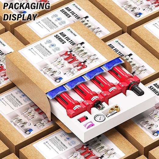 TAILONZ PNEUMATIC 1/2 Inch NPT 0-150 PSI Red Industrial Grade 4 Stage Air Drying System, Double Particulate Filter, Coalescing Filte,Desiccant Dryer and Air Regulator Manual Drainage