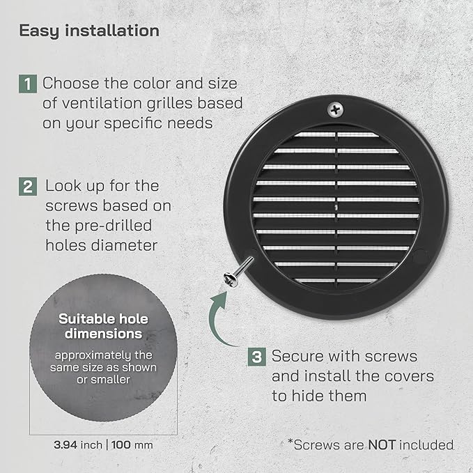 Vent Systems 4" Inch (Opening Dimensions) - Pack of 50 - Black Soffit Vent Cover - Plastic Round Air Vent Grille - Built-in Mesh Screen - HVAC Register Louver for Bathroom, Home, Kitchen
