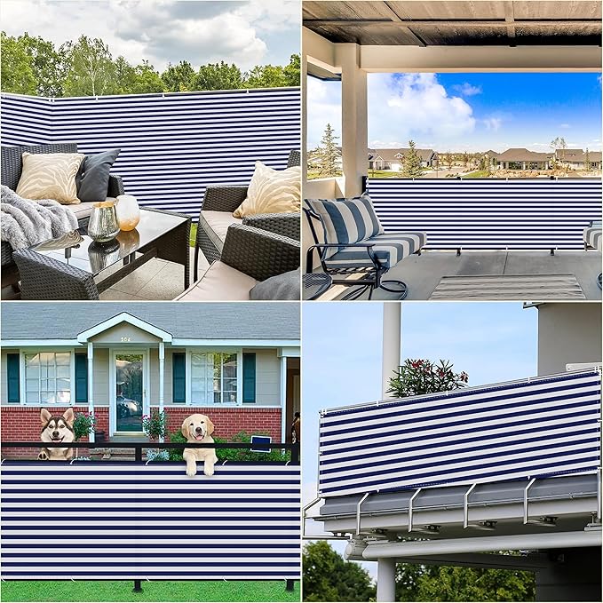 Privacy Fence 1.6' x 65.6' UV Protection (HDPE) Weather-Resistant Privacy Screen for Fence, Included Cable Zip Ties for Decks, Patios, Backyards, Outdoor Pools, Porches, Railings, Blue Stripes