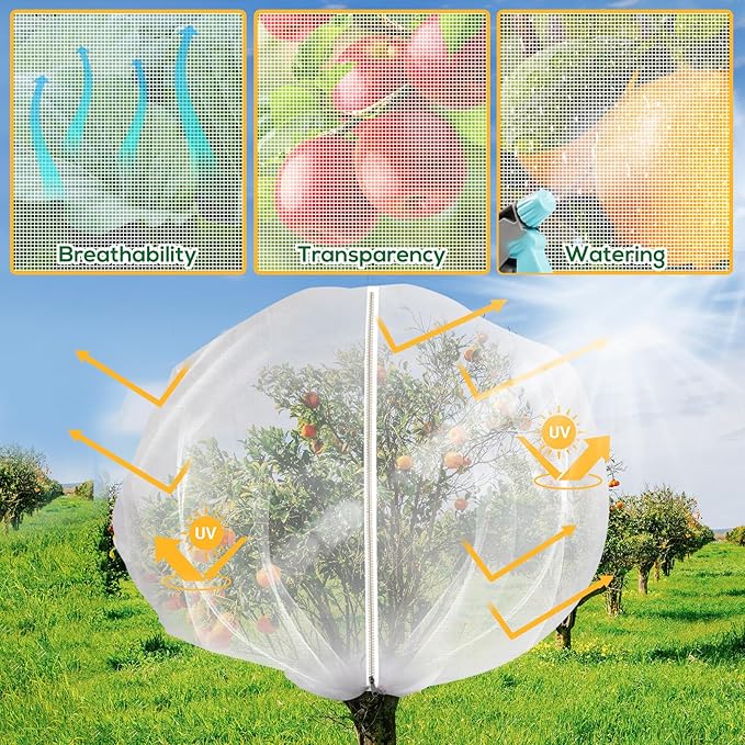 2PCS 7.8 x 7.8ft Large Fruit Tree Netting Cover with Zipper and Drawstring,Garden Insect Netting Plant Cover Transparent Bird Plant Barrier Flower Fruit Mesh Screen for Preventing Deer Squirrel Bug
