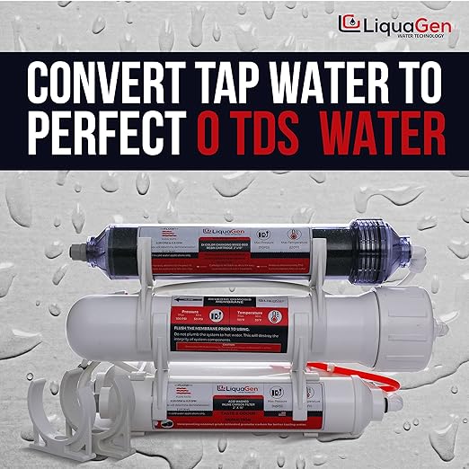 LiquaGen 4 Stage Reverse Osmosis and Deionization (RO/DI) Portable Space Saver Water Purification System | Water Filtration System for Aquarium Filter Processes + Manual Flush Valve (50 GPD)