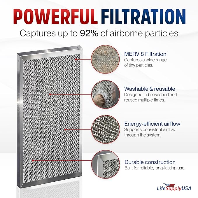 14x24x1 Electrostatic Air Filter, MERV 8, Washable, Reusable Furnace AC/HVAC Filter, Energy Saving, Easy to Clean, Long-Lasting by LifeSupplyUSA