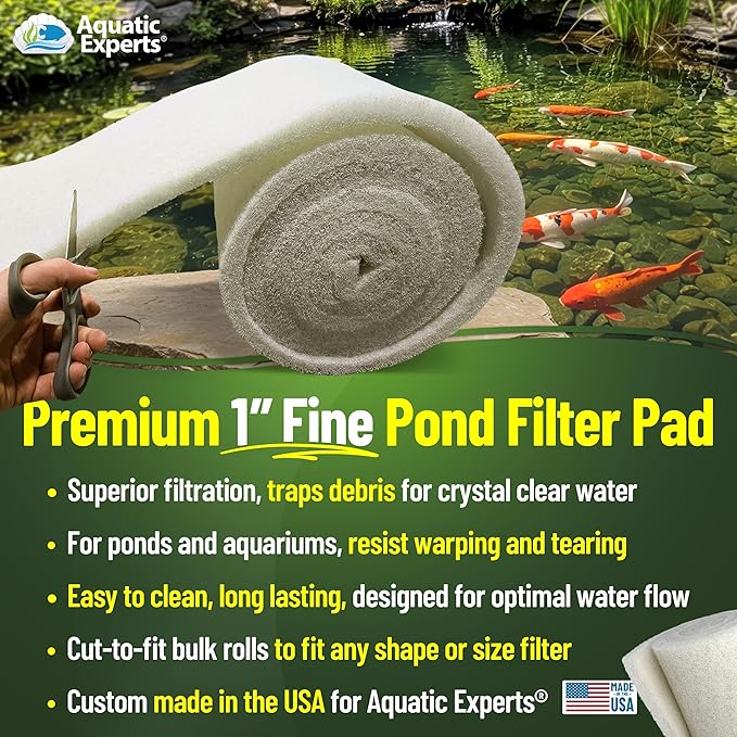 Classic Koi Pond Filter Pad FINE - White Bulk Roll Pond Filter Media, Ultra-Durable Pond Filters for Outdoor Ponds, Reusable Fish Pond Filter Material, USA, Aquatic Experts (3/4" - 1" x 12" x 72")