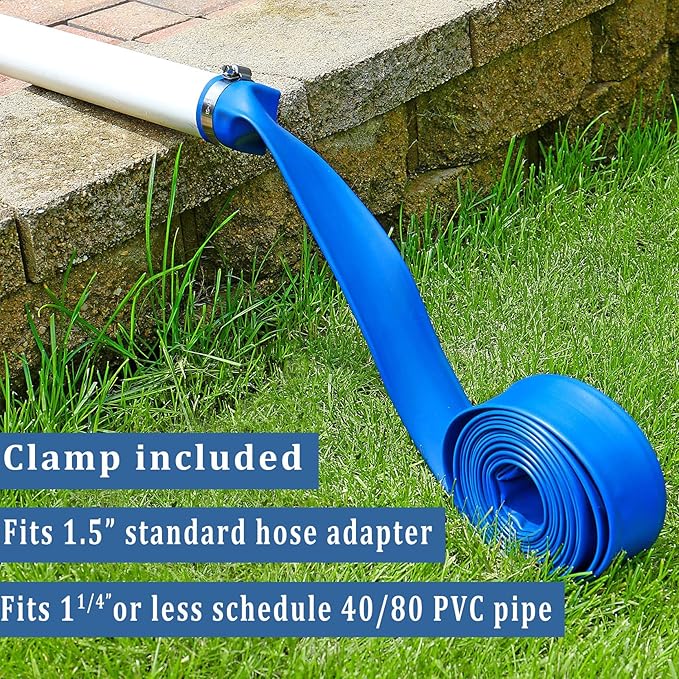 Pool Backwash Hose 1 1/2 inch × 100 ft Thicken Blue Water Discharge Pipe Lay Flat Tubing Hose for Backwash Pool Filter, Drain Pool Pond Water (1.5in-100ft)