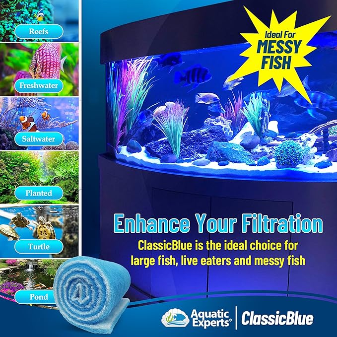 Aquatic Experts Classic Bonded Aquarium Filter Pad -18 Inches by 12 Feet by .75 Inch - Blue and White Aquarium Filter Media Roll Bulk Can Be Cut to Fit Most Filters, Made in USA (18" x 12 Feet)