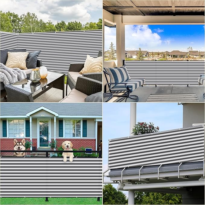 Fence Privacy Screen 2.6' x 3.3' Durable and UV Resistant Outdoor Privacy Screens, Included Cable Ties Customized Size for Banister Guard, Patio Enclosure, Backyard Gate, Gray Stripes