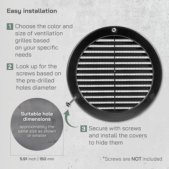 Vent Systems 6" Inch (Opening Dimensions) - Pack of 2 - Black Soffit Vent Cover - Plastic Round Air Vent Grille - Built-in Mesh Screen - HVAC Register Louver for Bathroom, Home, Kitchen