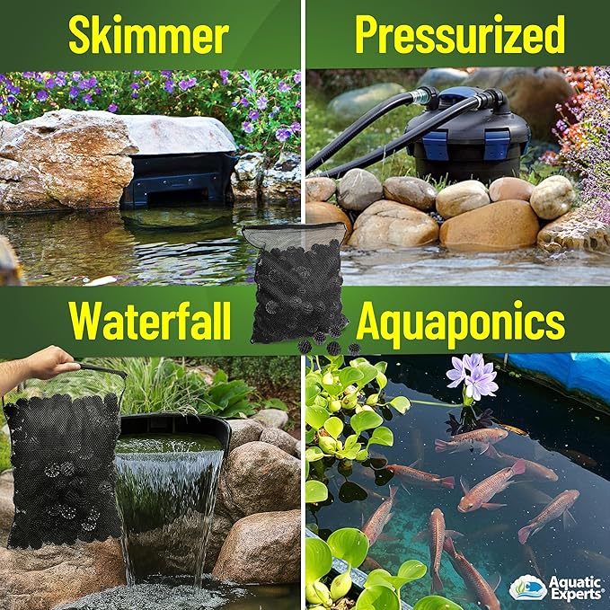 Aquatic Experts 1.5" Large Bio Balls for Ponds – Biological Filter Media for Waterfalls & Outdoor Pond Filters, Treats Up to 6,600 Gallons (2000 Count Bulk Box + Six 14" x 20" Mesh Bags)