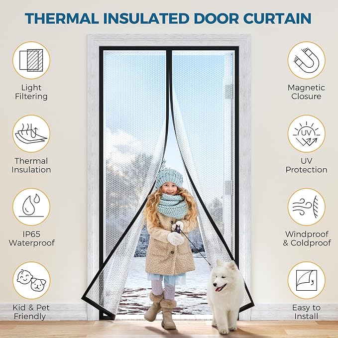 Magnetic Thermal Insulated Door Curtain - Fit Door Size 32x80 Inch Waterproof Bubble Wrap Door Cover Light Filtering Screen Door, Keep Warm in Winter Cool in Summer, Kid & Pet Friendly