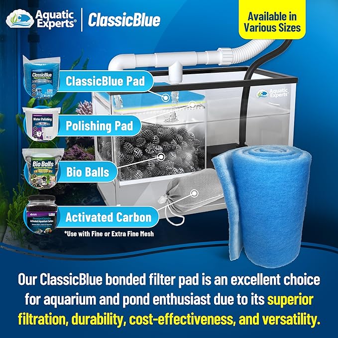 Aquatic Experts Classic Bonded Aquarium Filter Pad -24 Inches by 72 Inches by .75 Inch - Blue and White Aquarium Filter Media Roll Bulk Can Be Cut to Fit Most Filters, Made in USA (24" x 72")