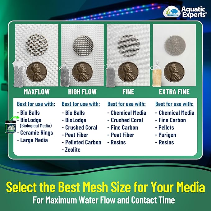Aquatic Experts Extra Fine Aquarium Media Bag, Durable Drawstring Bags for Fish Tank Filters,150 Micron Mesh, (Extra Fine, 5" x 9" - 4 Pack)