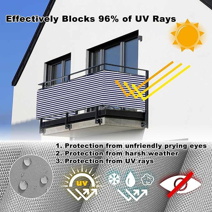 Privacy Screen Protector 4.3' x 32.8' UV Protection 96% Privacy Screen Outdoor, Includes Cable Ties for Pergola Balcony Porch Carport Deck Window, Blue Stripes