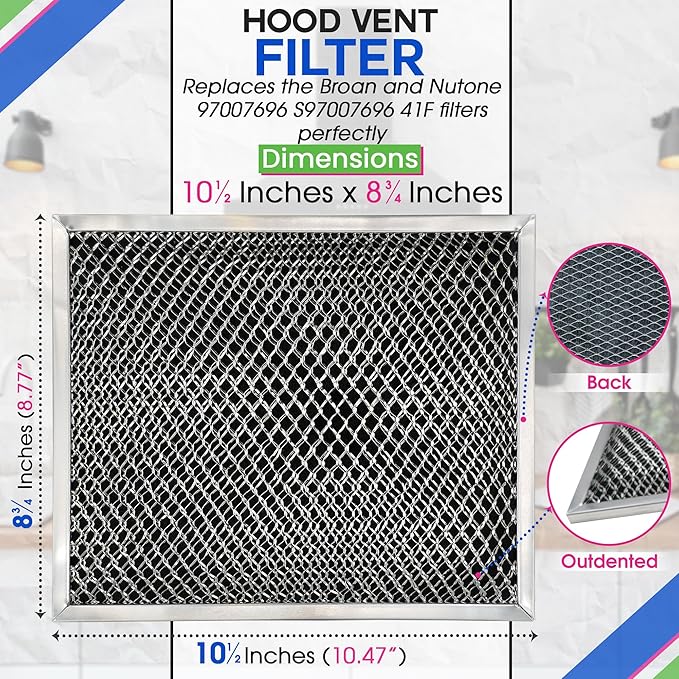 Stove Hood Vent Filter 10.5" x 8.8" 41F 97007696 Fit's Nutone & Broan Range Hood Filter Replacement for Ductless Exhaust Fan - Mesh Screen Filters Grease & Carbon Freshens Kitchen Oven Air (1-Pack)