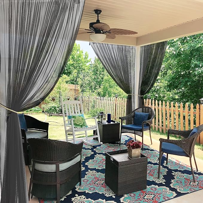 RYB HOME 2 Panels Porch Screen Mesh Outdoor Curtains Lightweight Mosquito Netting for Patio Gazebo Pool Hut Bug Netting Size Adjustable, Black, 118 inches Wide x 98 inches Long