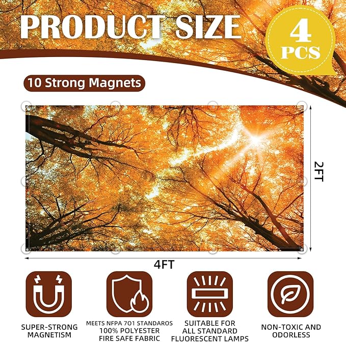 4 Pcs Fluorescent Light Covers - Classroom, Office 4 x 2 Feet Flame Retardant Magnetic Covers for Ceiling Lights Filters (Autumn & Sunset)