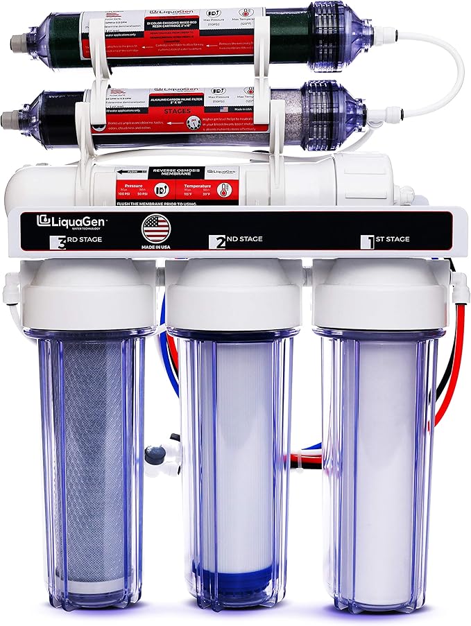 LiquaGen Portable - 6 Stage Dual Use (Drinking & 0 PPM Aquarium Reef/Deionization) Reverse Osmosis Water System (RO/DI) w/pH Alkaline Mineral Restoration Filter (50 GPD)