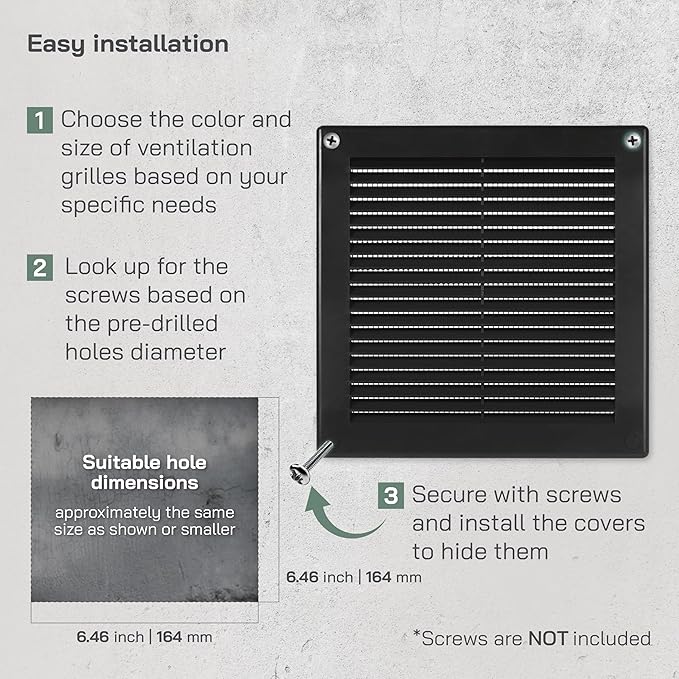 Vent Systems 6" x 6" (Opening Dimensions) Black Plastic Soffit Vent Cover - Durable Flat Square Air Vent Grille with Mesh Screen - Weather Ventilation Grill Wall & Ceiling Indoor & Outdoor