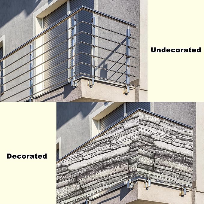 Balcony Privacy Screen 2.6' x 6.6' UV-Resistant Visibility Reduction Outdoor Dog Fence, Includes Cable Ties for Apartments, Deck, Porch, Patio, Railing, Outdoor Pool, Stone Pattern
