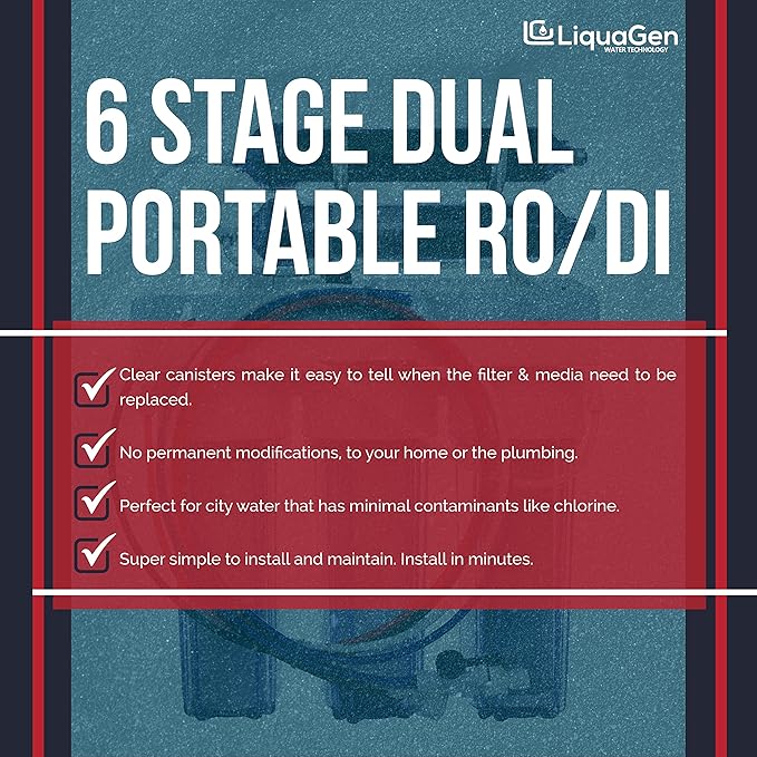 LiquaGen Portable - 6-Stage Dual Use Drinking and 0 PPM Aquarium Reef and Deionization | Reverse Osmosis Water System RO/DI | W/pH Alkaline Mineral Restoration Filter - 100 GPD